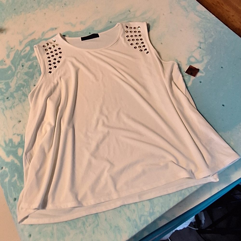3X White Sleeveless Top with Studded Shoulders